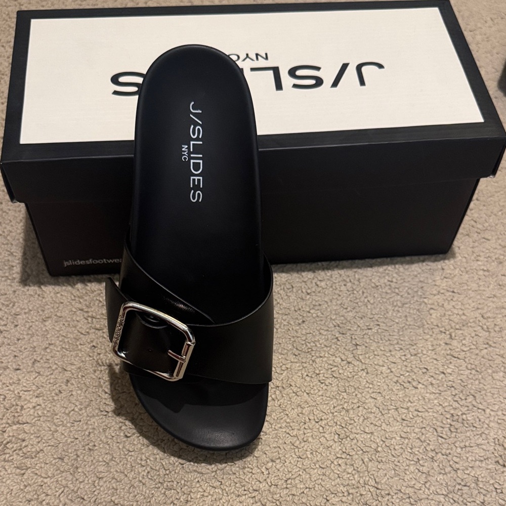 J/SLIDES Black Slides with Metallic Buckle